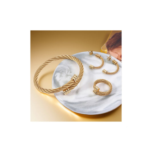 Set | Gold Spiral Stripe Stainless Steel Women's Rings Bracelets Earrings