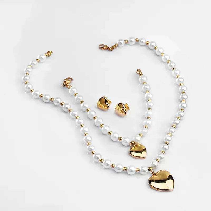 Set | Adelina Heart Pearl | Bracelets Earrings Necklace