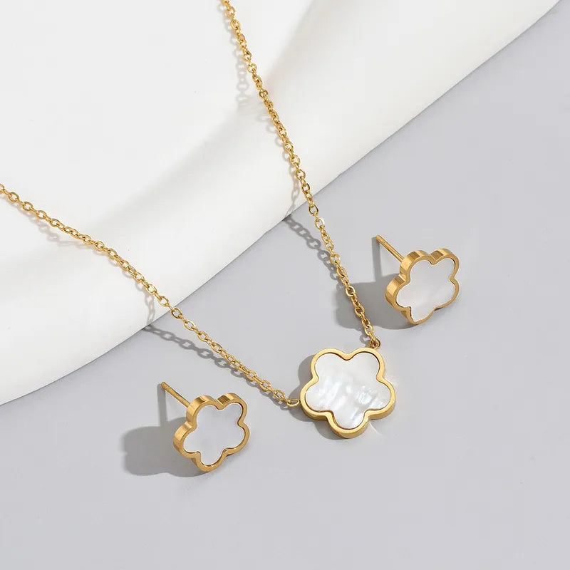 Set /Flower White Stainless Steel Earrings Necklace