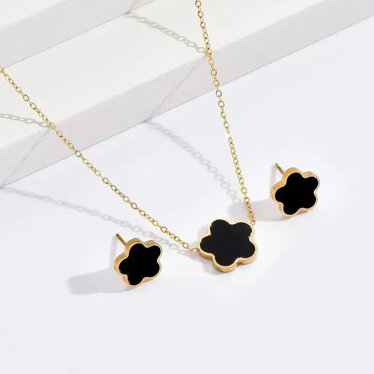 Set | Flower Black Stainless Steel Earrings Necklace