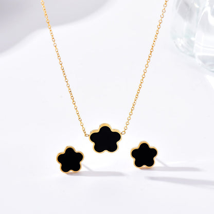 Set | Flower Black Stainless Steel Earrings Necklace