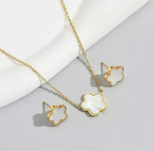 Set | Flower White Stainless Steel Earrings Necklace