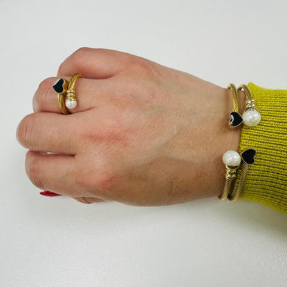 Set | Pearl Heart Bangle Bracelet Gold.